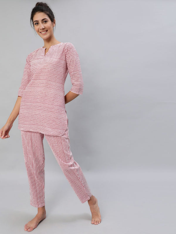 Women Pink & Off-White Striped Night Suit Set | NOZ2TOZ - Made In INDIA.