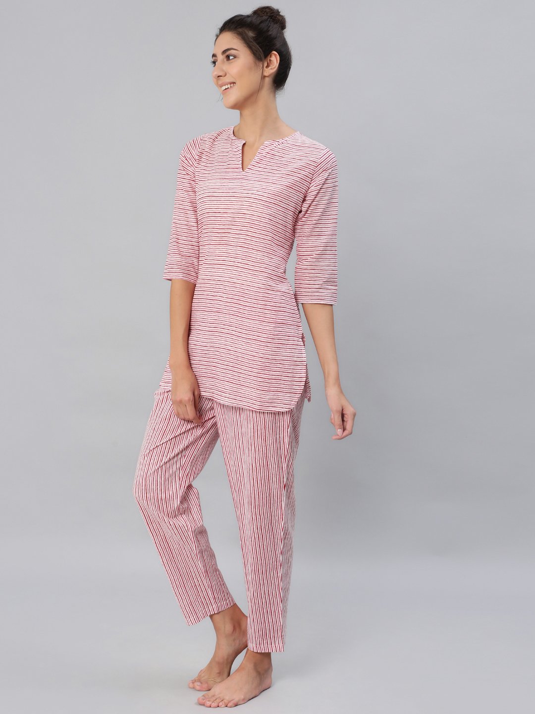 Women Pink & Off-White Striped Night Suit Set | NOZ2TOZ - Made In INDIA.