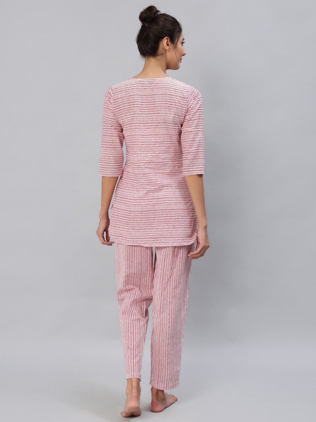 Women Pink & Off-White Striped Night Suit Set | NOZ2TOZ - Made In INDIA.