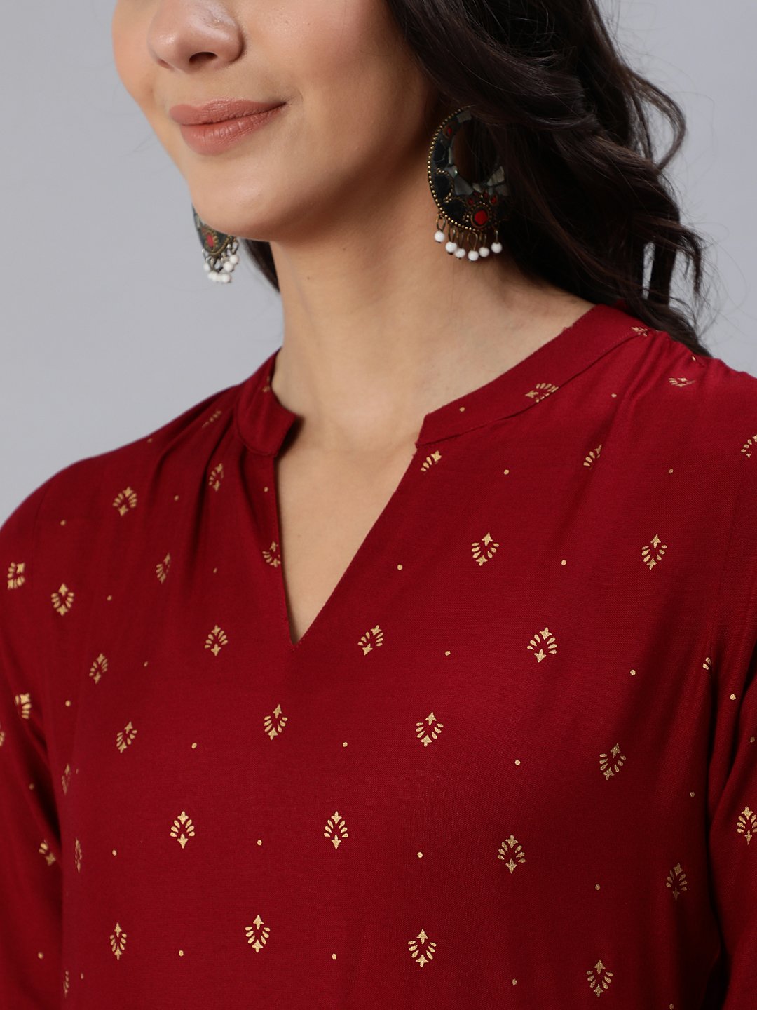 Women Maroon & Gold Printed Maxi Dress With Three Quarter Sleeves | NOZ2TOZ - Made In INDIA.