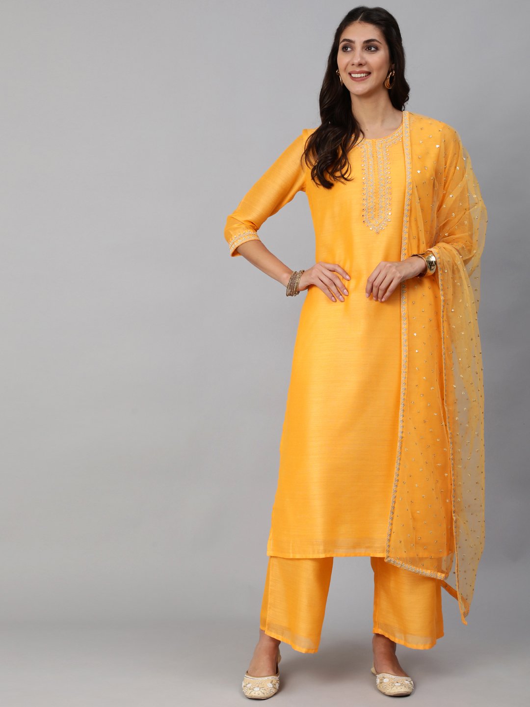 Women Yellow Chanderi Embroidered Straight Kurta Set With Palazo & Sequence Dupatta | NOZ2TOZ - Made In INDIA.