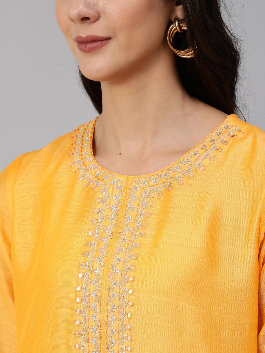 Women Yellow Chanderi Embroidered Straight Kurta Set With Palazo & Sequence Dupatta | NOZ2TOZ - Made In INDIA.