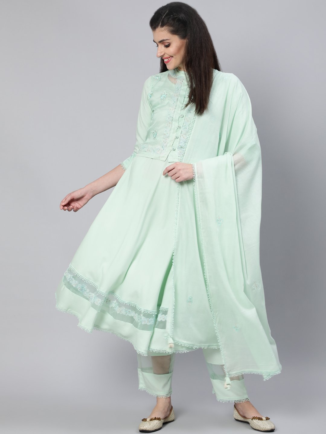 Women Pastel Green  Embroidered Flared Kurta With Jacket,Plazo & Dupatta | NOZ2TOZ - Made In INDIA.