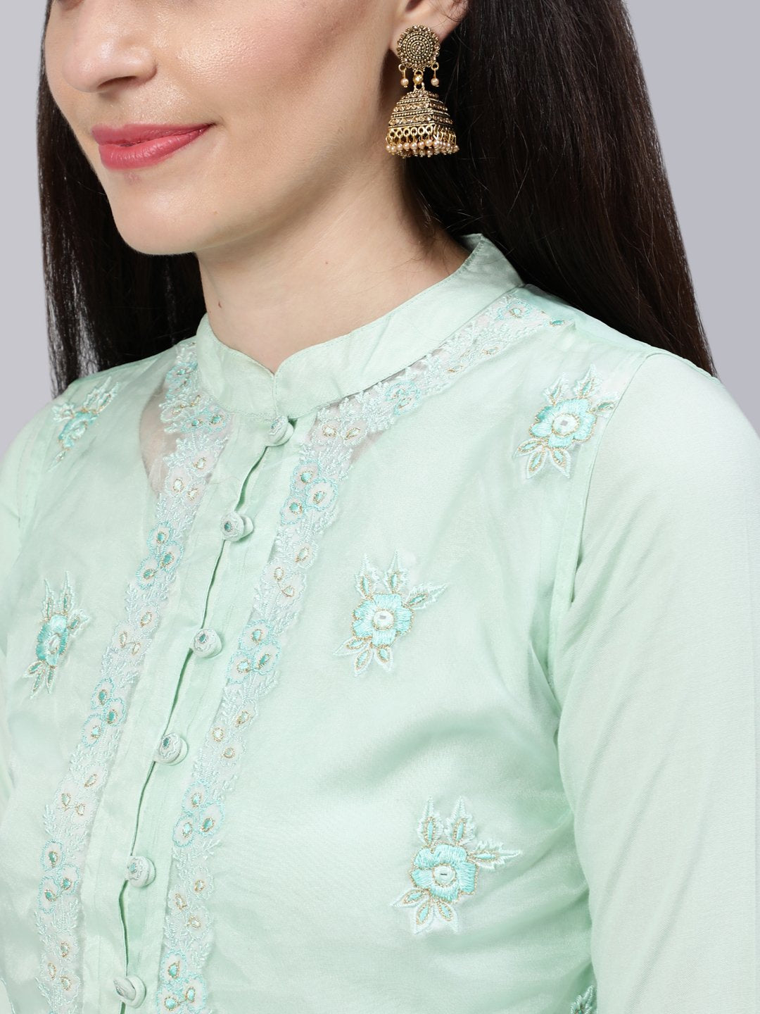 Women Pastel Green  Embroidered Flared Kurta With Jacket,Plazo & Dupatta | NOZ2TOZ - Made In INDIA.