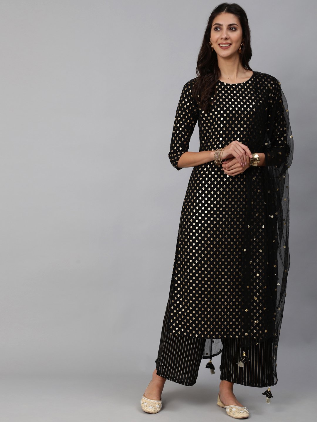 Women Black Geogrette Foil Printed Straight Kurta Set With Palazo & Sequence Dupatta | NOZ2TOZ - Made In INDIA.