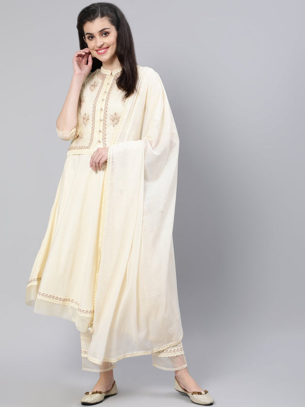 Women Cream Embroidered Flared Kurta With Jacket,Plazo & Dupatta | NOZ2TOZ - Made In INDIA.