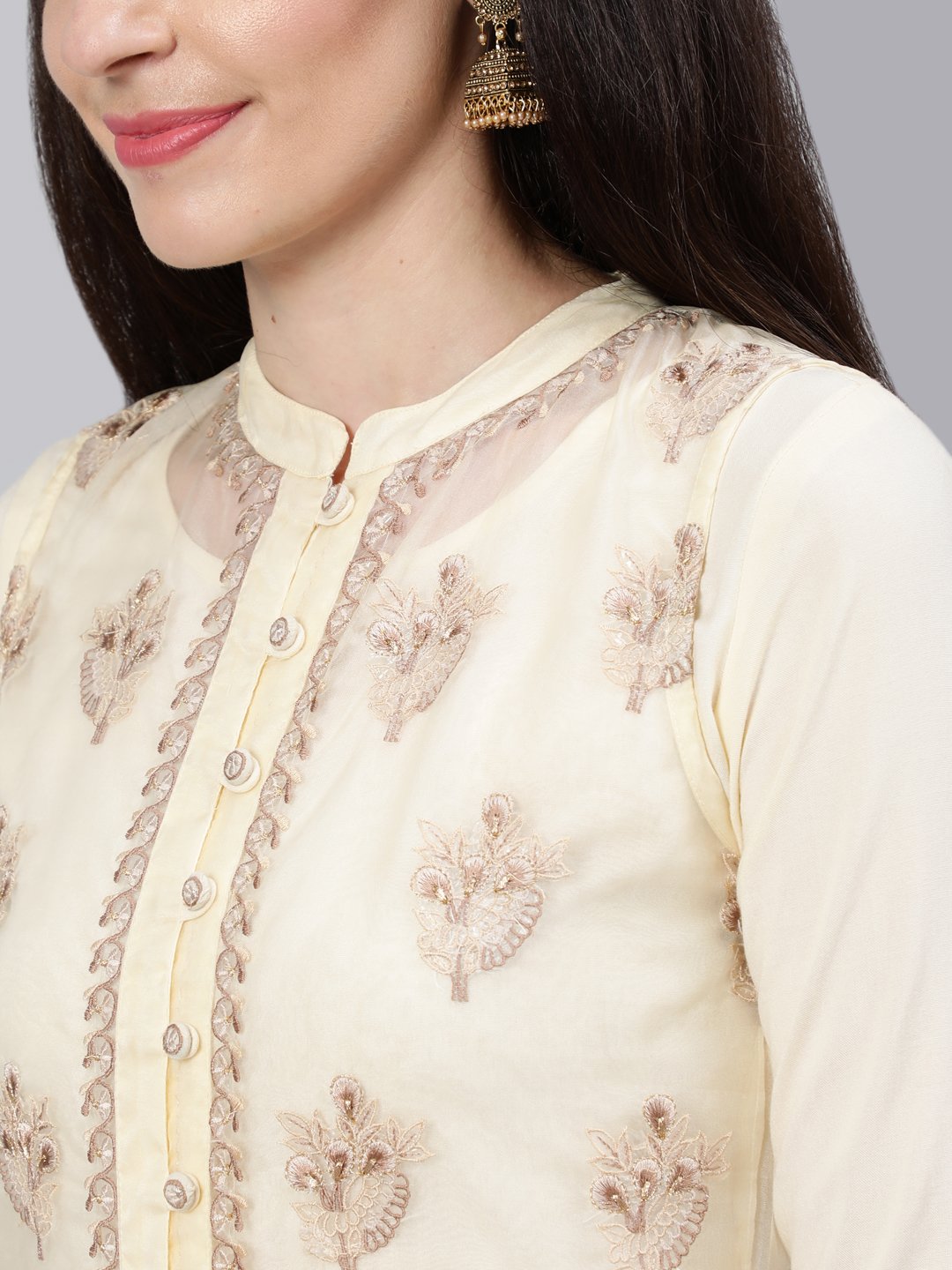 Women Cream Embroidered Flared Kurta With Jacket,Plazo & Dupatta | NOZ2TOZ - Made In INDIA.