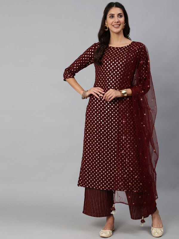 Women Maroon Geogrette Foil Printed Straight Kurta Set With Palazo & Sequence Dupatta | NOZ2TOZ - Made In INDIA.