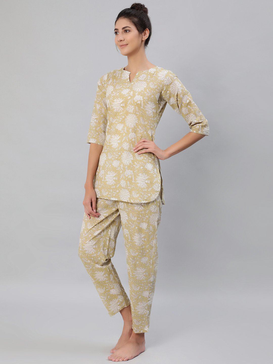 Women Olive Green Floral Printed Night Suit Set | NOZ2TOZ - Made In INDIA.