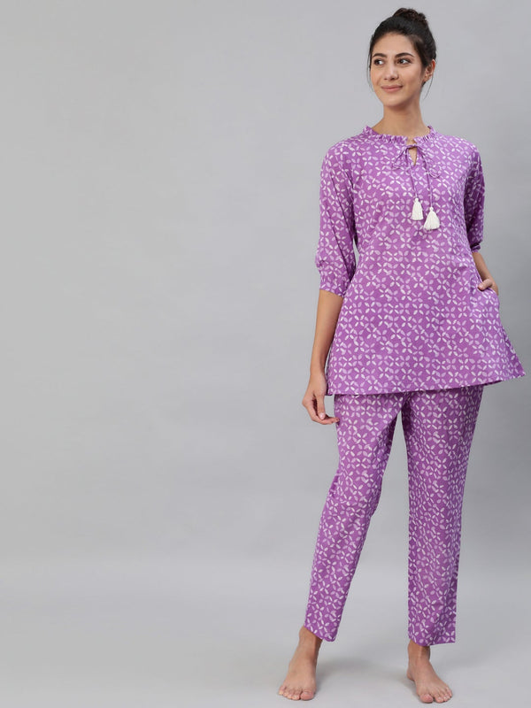 Women Purple & White Printed Pure Cotton Night Suit | NOZ2TOZ - Made In INDIA.