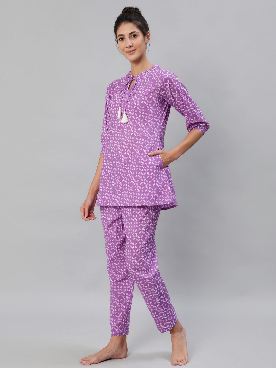 Women Purple & White Printed Pure Cotton Night Suit | NOZ2TOZ - Made In INDIA.