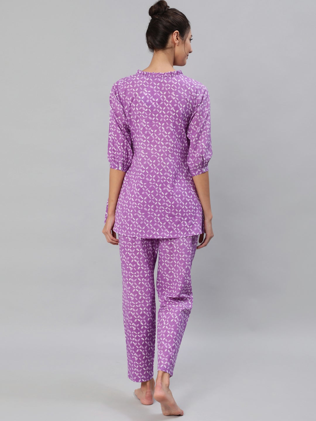 Women Purple & White Printed Pure Cotton Night Suit | NOZ2TOZ - Made In INDIA.