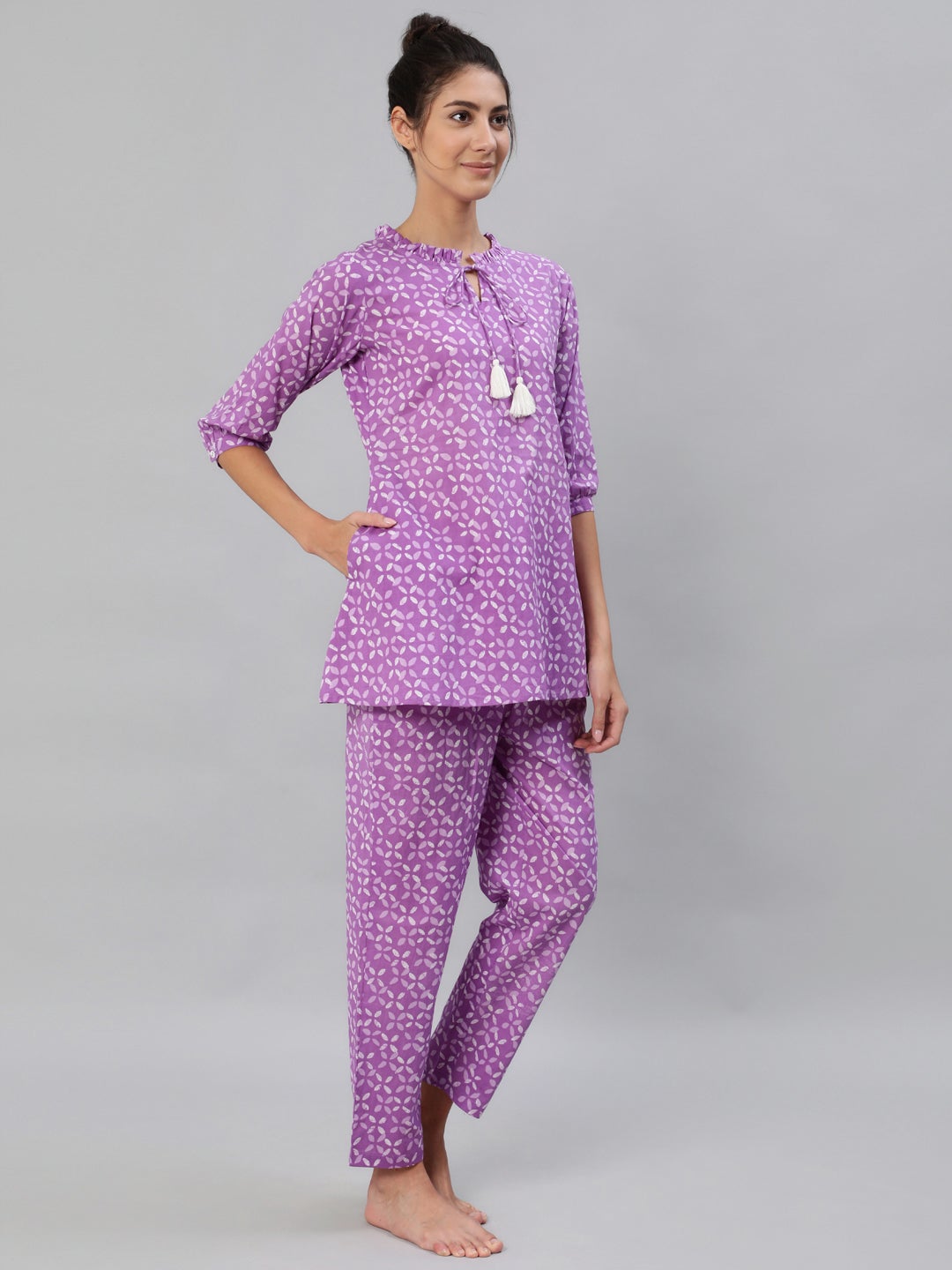 Women Purple & White Printed Pure Cotton Night Suit | NOZ2TOZ - Made In INDIA.