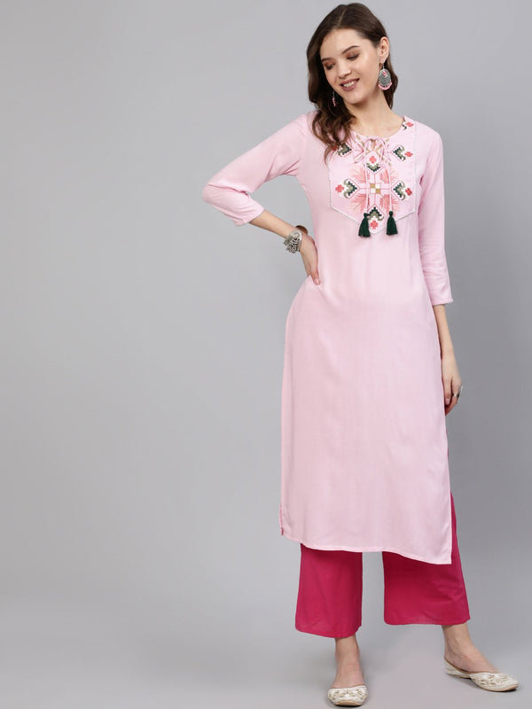 Women Pink Embroidered Straight Kurta With Three Quarter Sleeves | NOZ2TOZ - Made In INDIA.