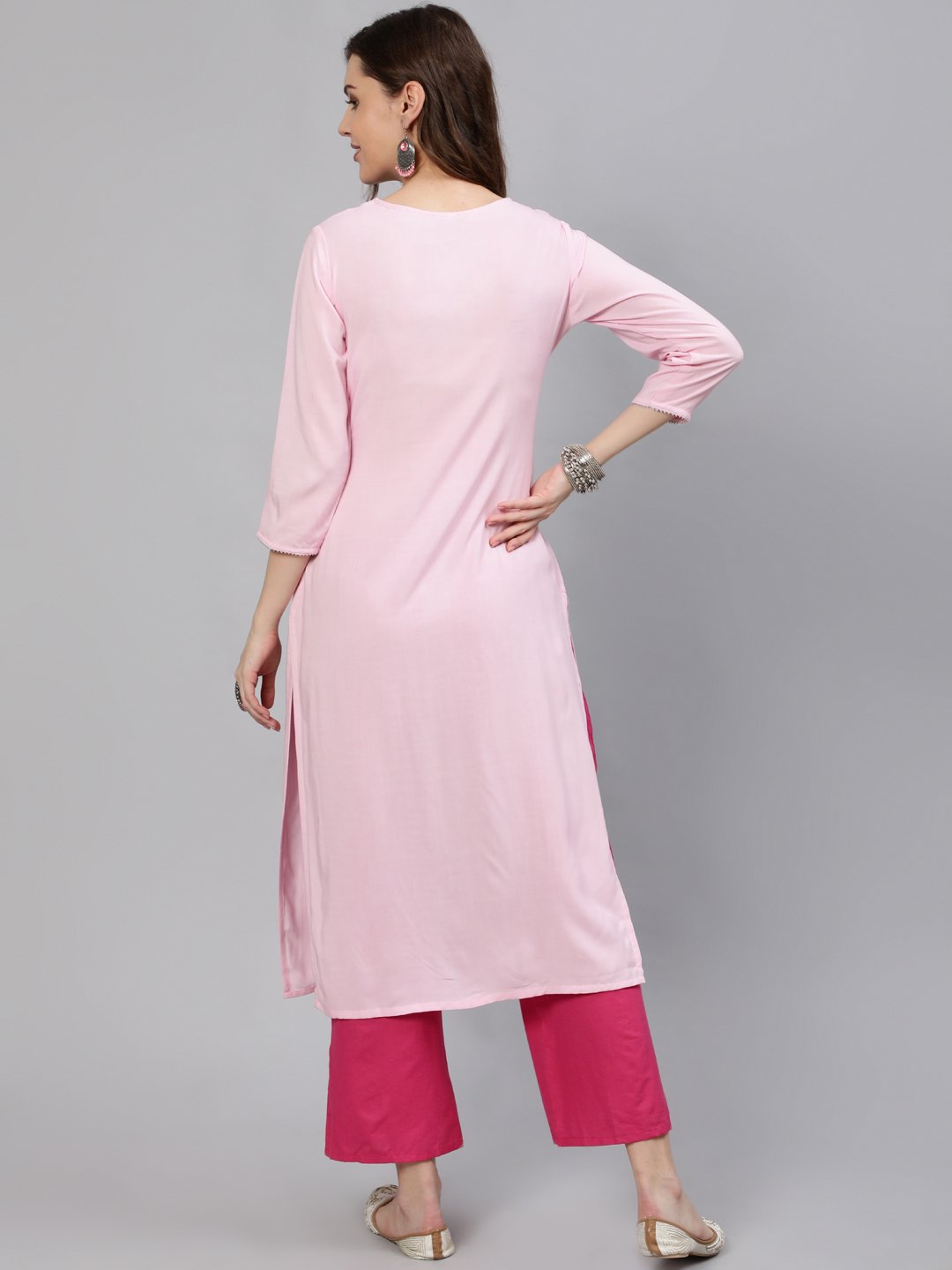 Women Pink Embroidered Straight Kurta With Three Quarter Sleeves | NOZ2TOZ - Made In INDIA.