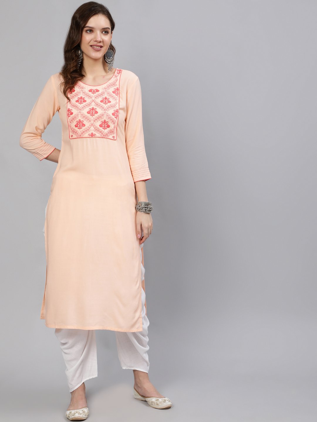 Women Peach Embroidered Straight Kurta With Three Quarter Sleeves | NOZ2TOZ - Made In INDIA.