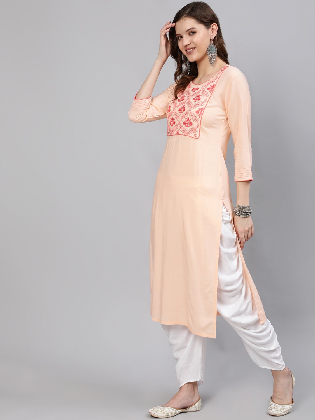 Women Peach Embroidered Straight Kurta With Three Quarter Sleeves | NOZ2TOZ - Made In INDIA.