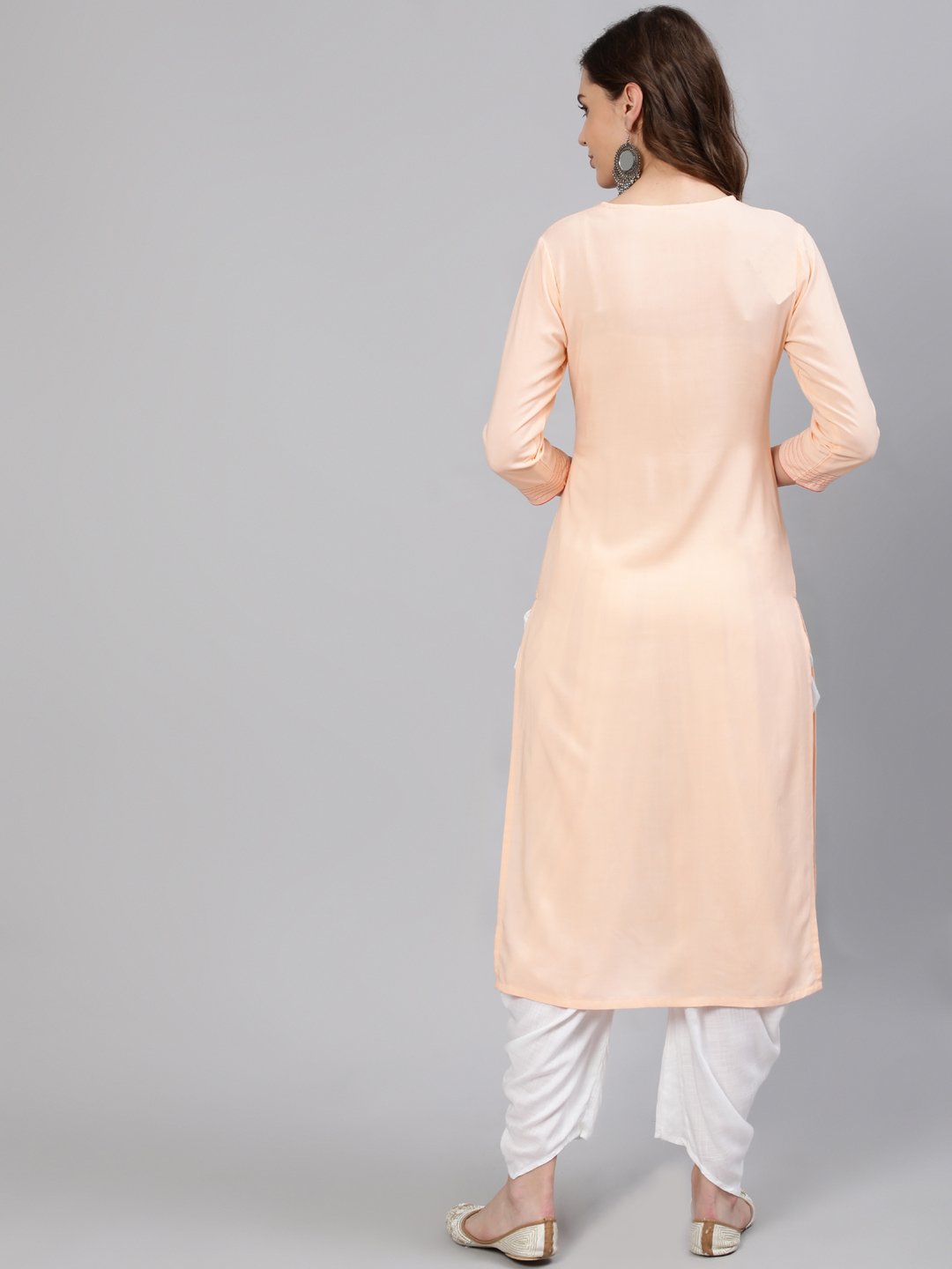 Women Peach Embroidered Straight Kurta With Three Quarter Sleeves | NOZ2TOZ - Made In INDIA.