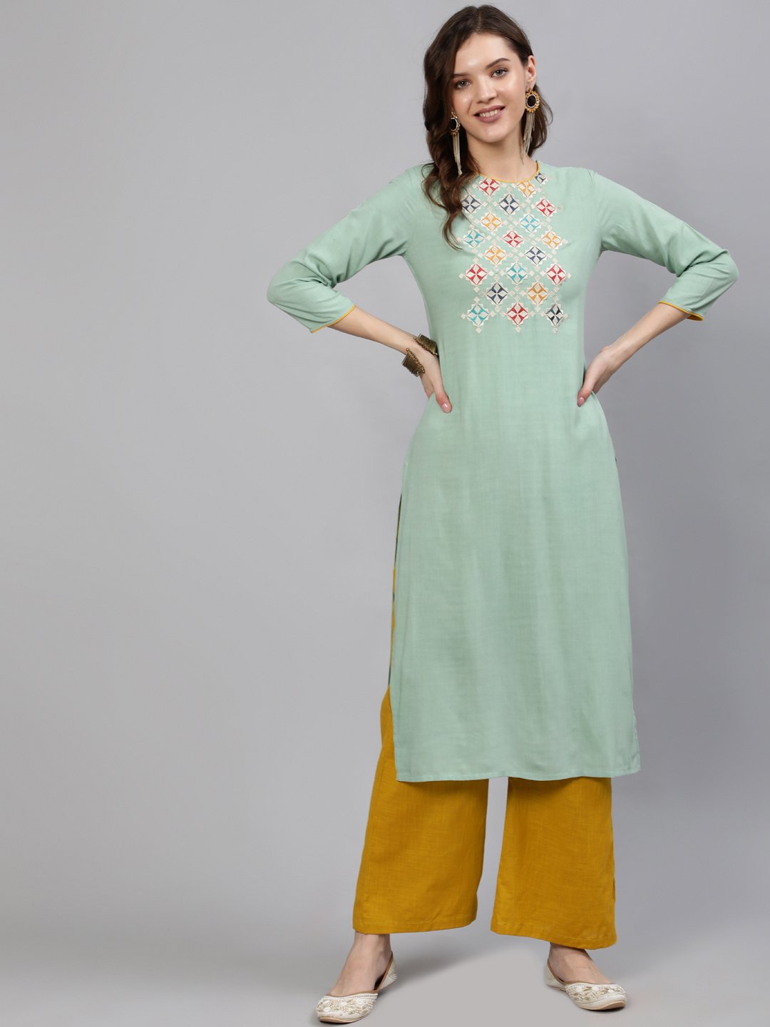 Women Green Embroidered Straight Kurta With Three Quarter Sleeves | NOZ2TOZ - Made In INDIA.