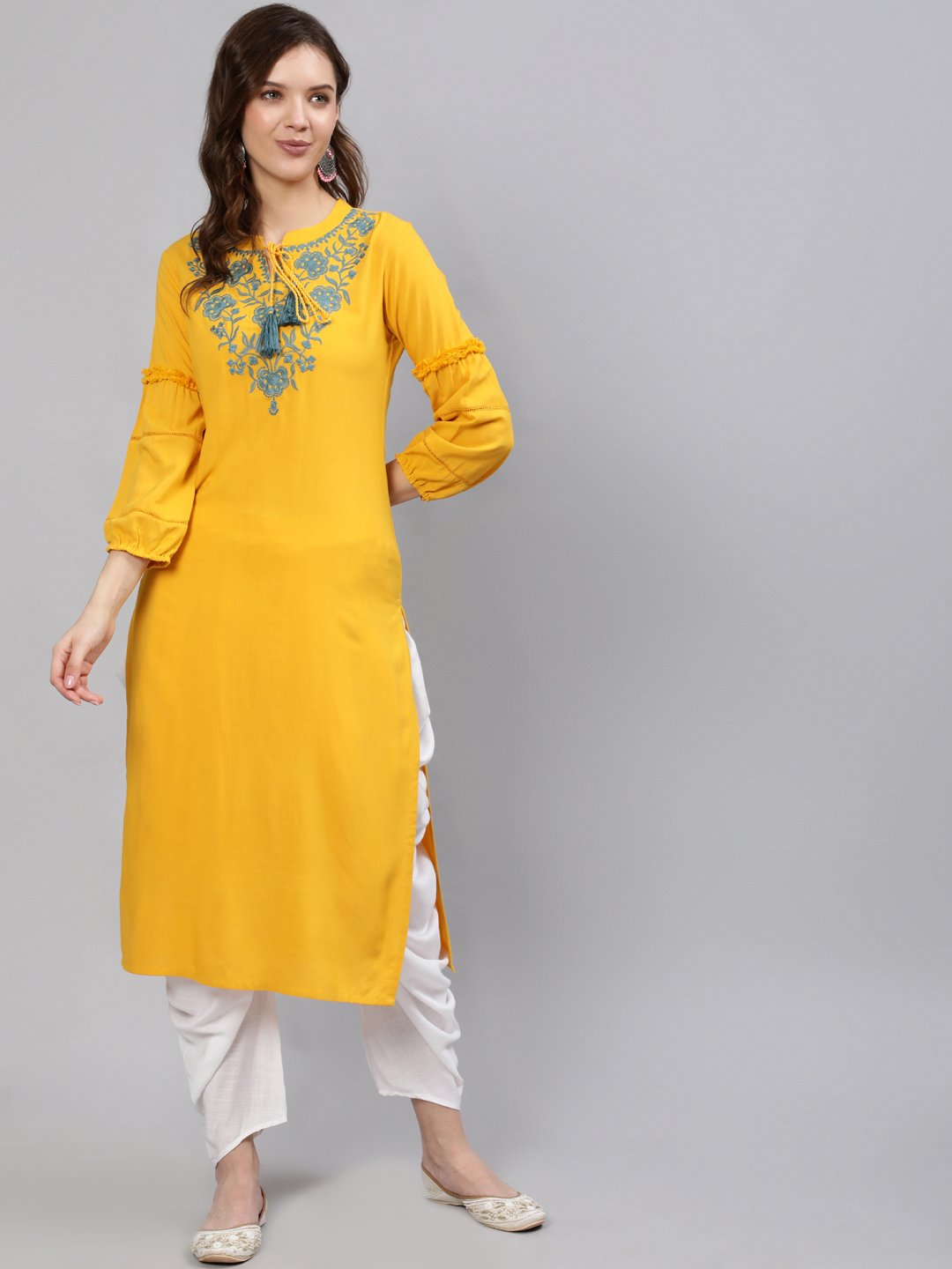 Women  Mustard Embroidered Straight Kurta With Three Quarter Sleeves | NOZ2TOZ - Made In INDIA.