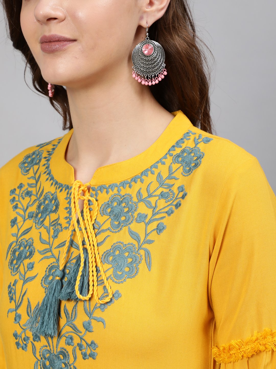 Women  Mustard Embroidered Straight Kurta With Three Quarter Sleeves | NOZ2TOZ - Made In INDIA.