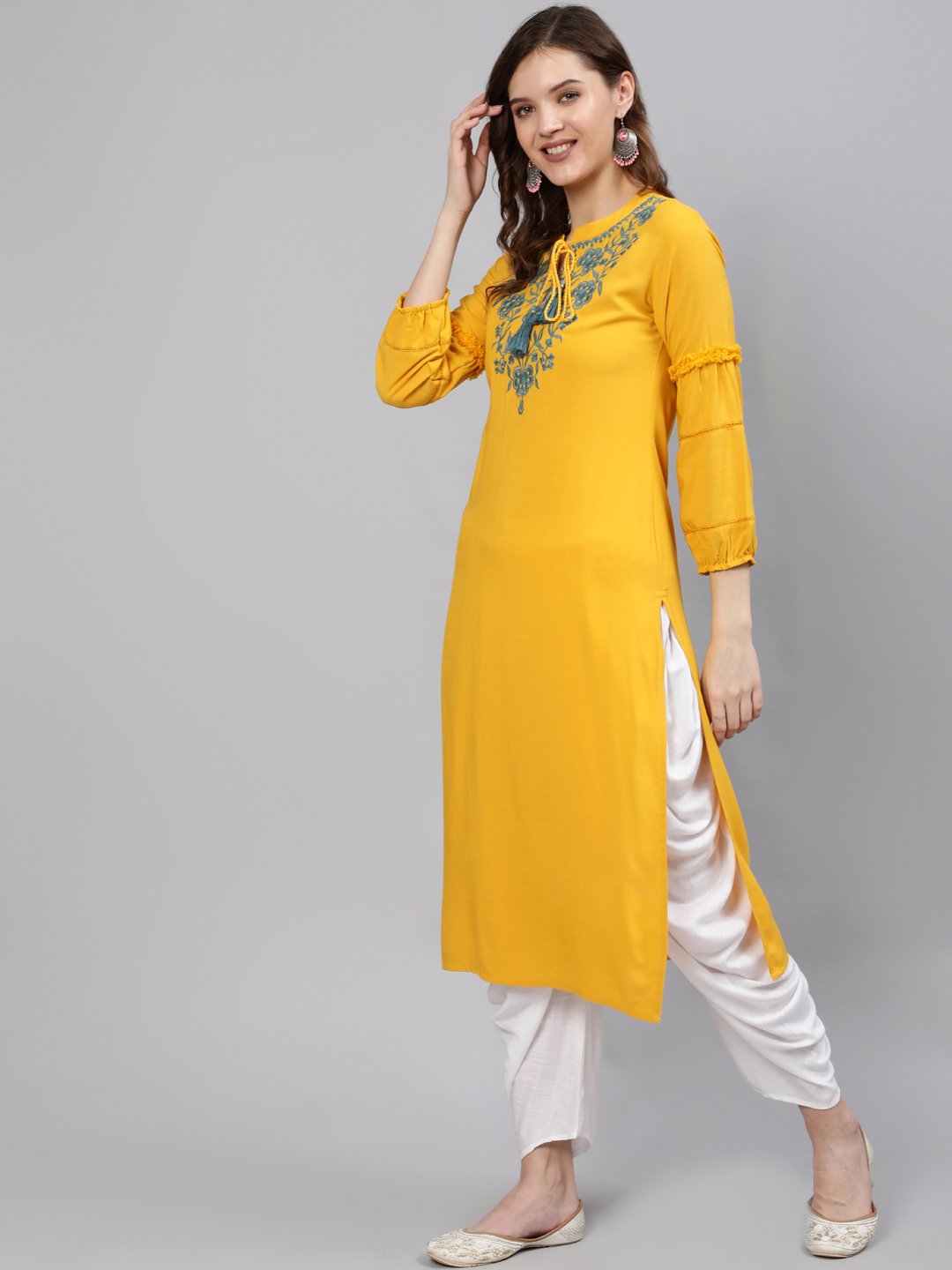 Women  Mustard Embroidered Straight Kurta With Three Quarter Sleeves | NOZ2TOZ - Made In INDIA.