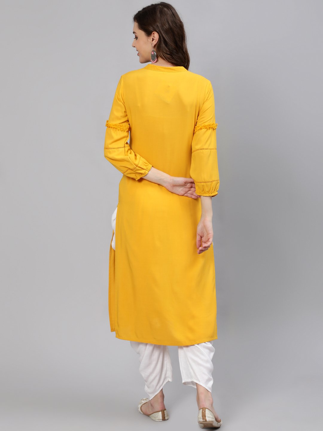 Women  Mustard Embroidered Straight Kurta With Three Quarter Sleeves | NOZ2TOZ - Made In INDIA.