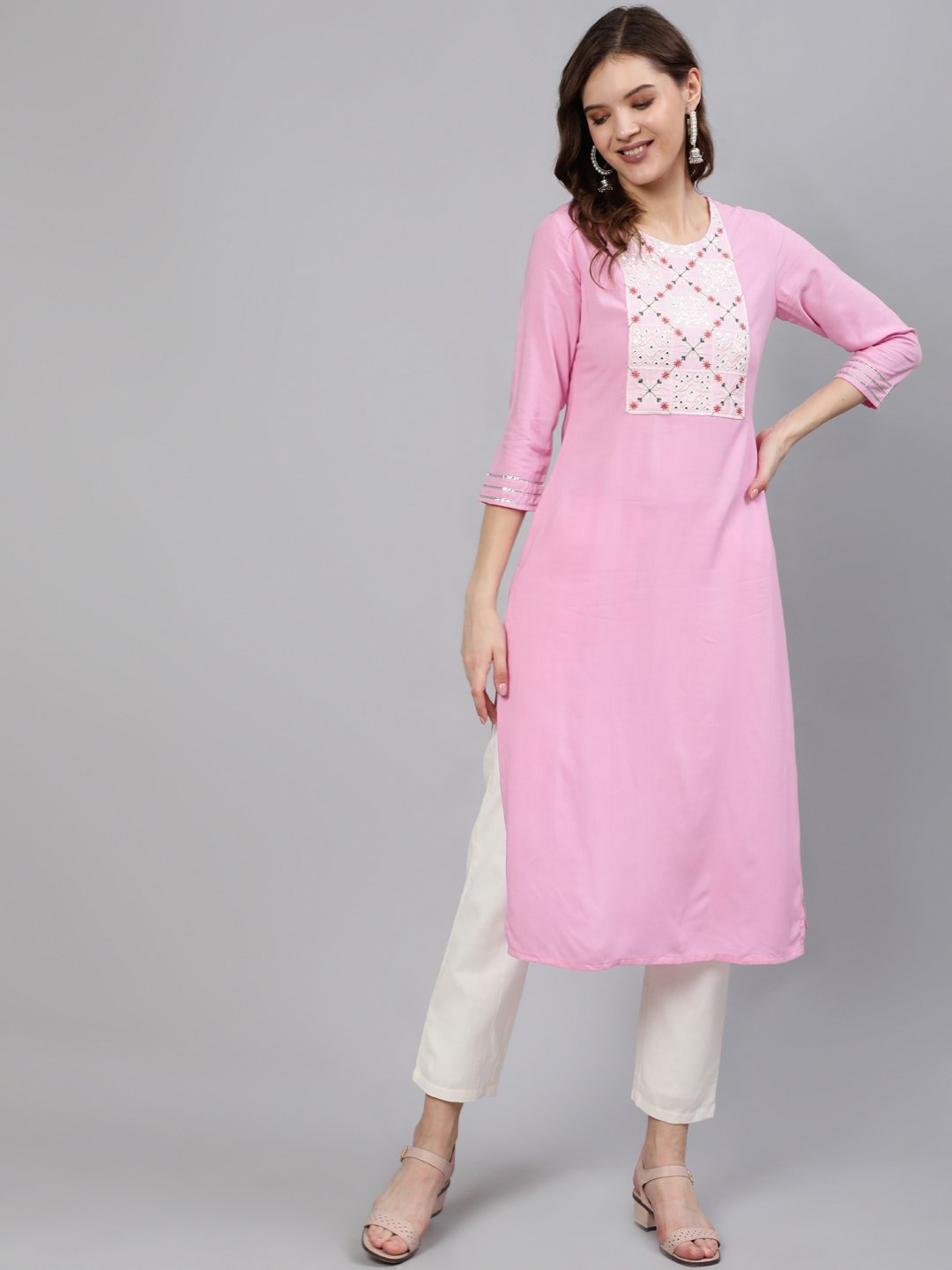 Women Pink Embroidered Straight Kurta With Three Quarter Sleeves | NOZ2TOZ - Made In INDIA.