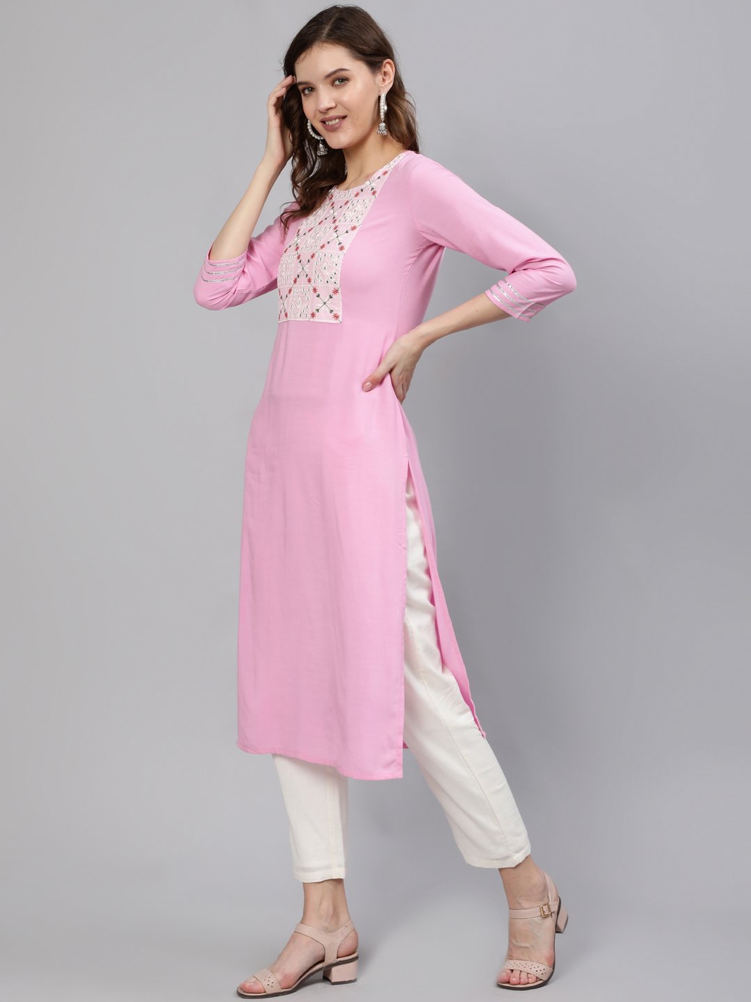 Women Pink Embroidered Straight Kurta With Three Quarter Sleeves | NOZ2TOZ - Made In INDIA.