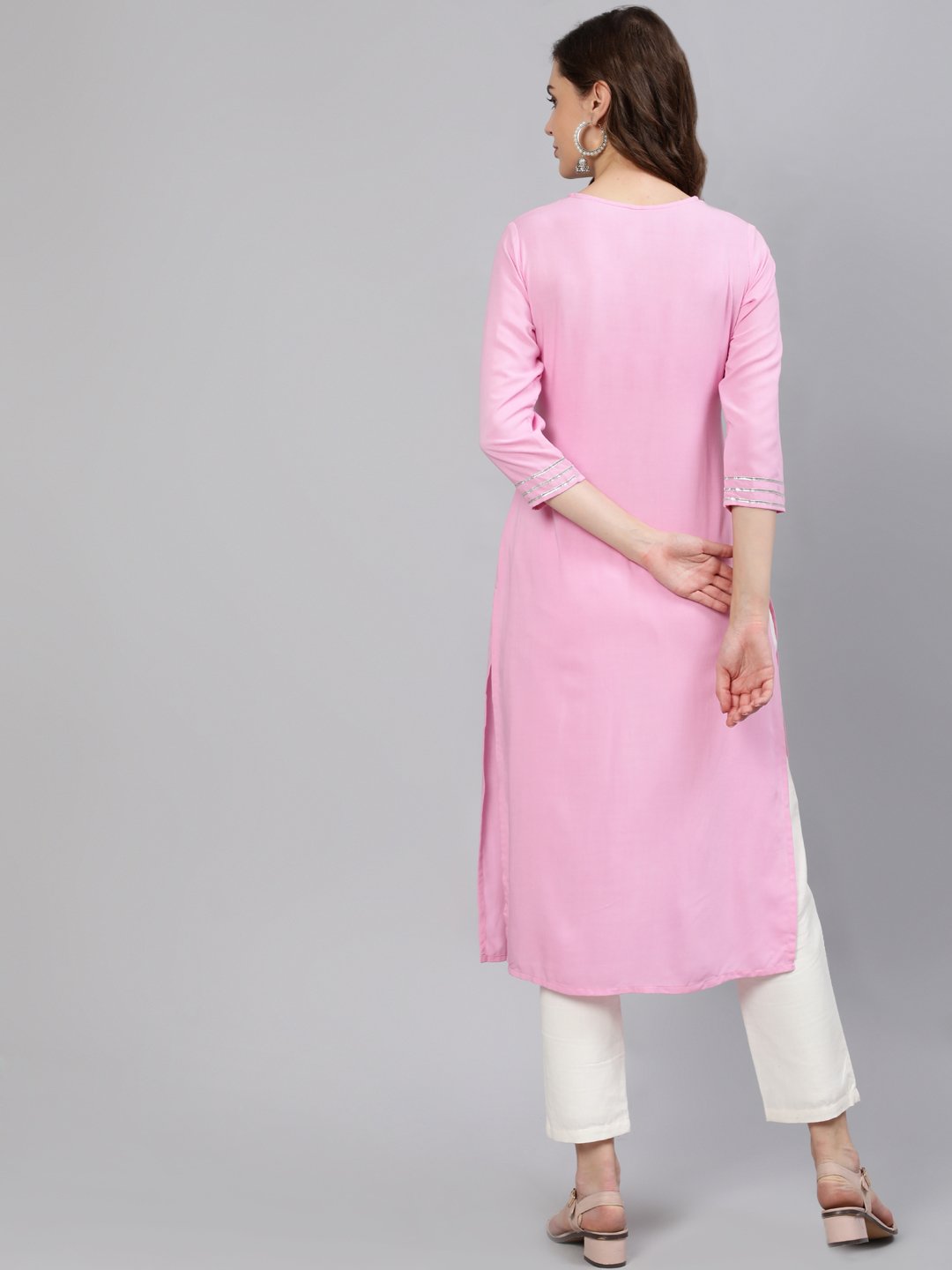 Women Pink Embroidered Straight Kurta With Three Quarter Sleeves | NOZ2TOZ - Made In INDIA.