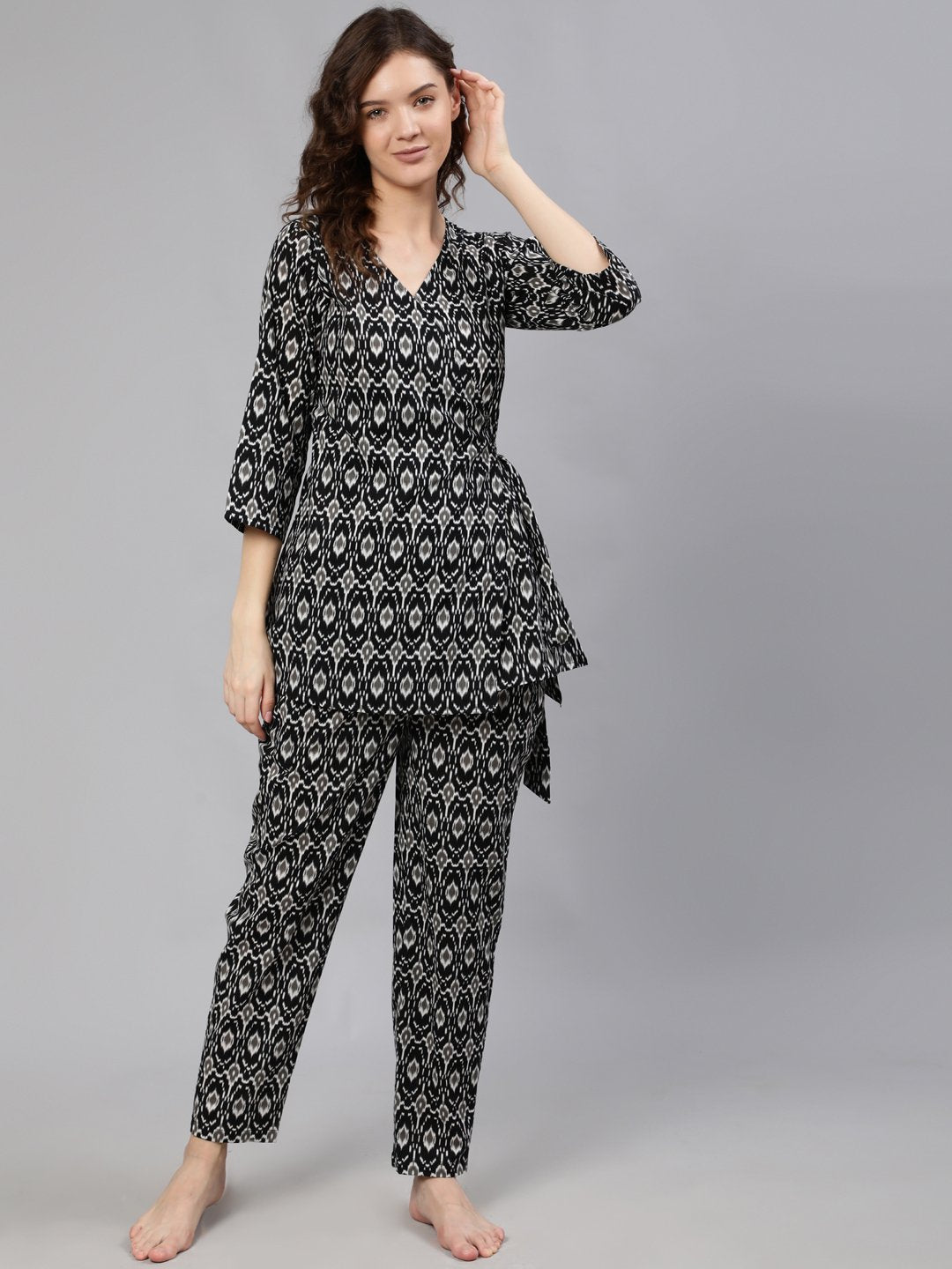 Women Black Wrap Round Night Suit | NOZ2TOZ - Made In INDIA.