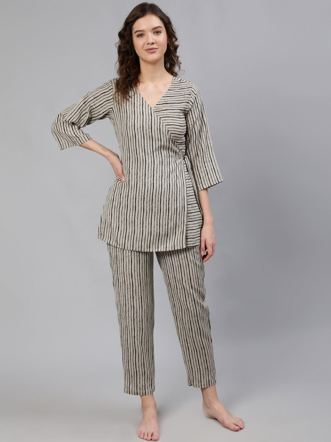 Women Grey Striped Wrap Round Night Suit | NOZ2TOZ - Made In INDIA.