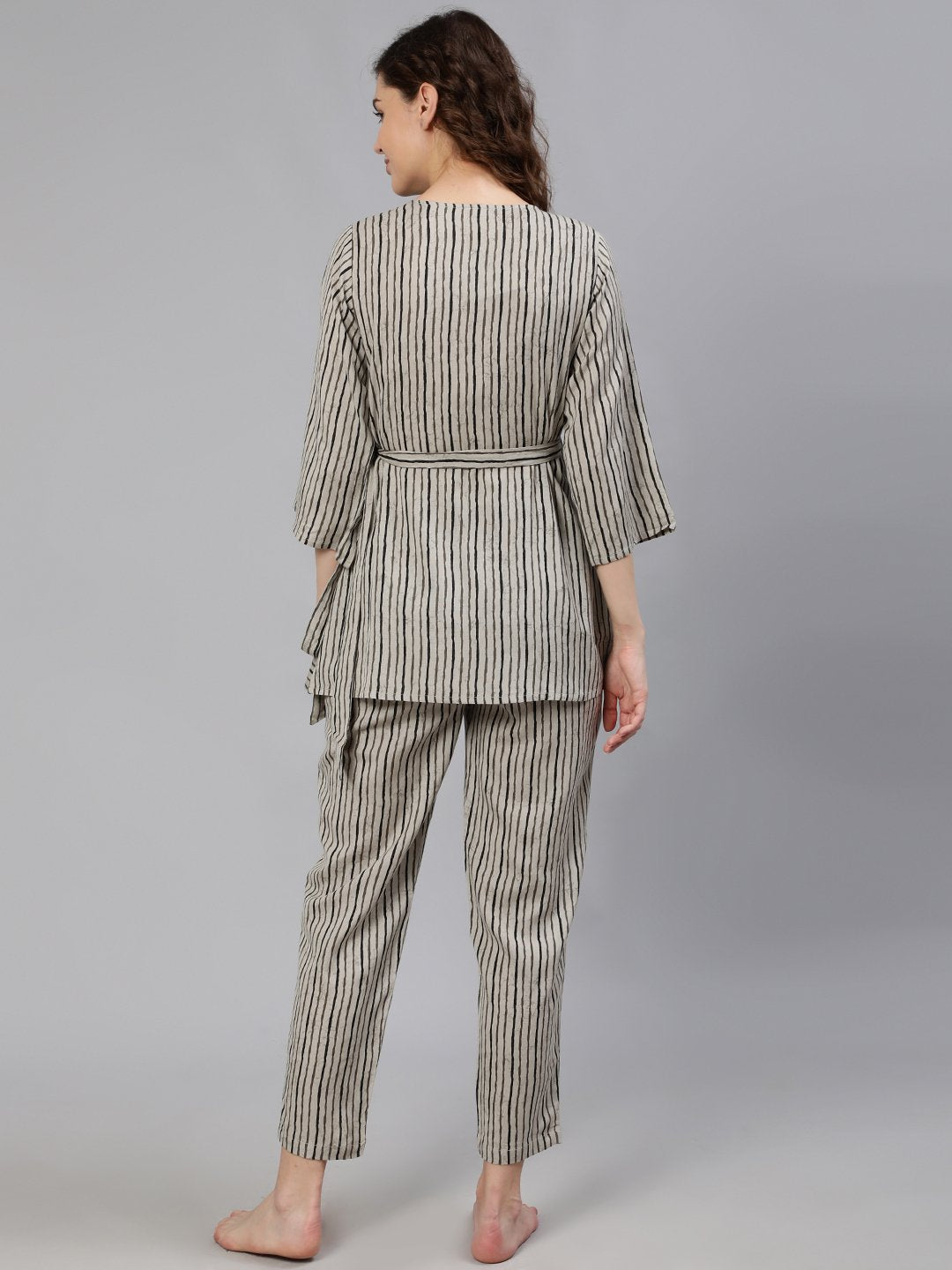 Women Grey Striped Wrap Round Night Suit | NOZ2TOZ - Made In INDIA.