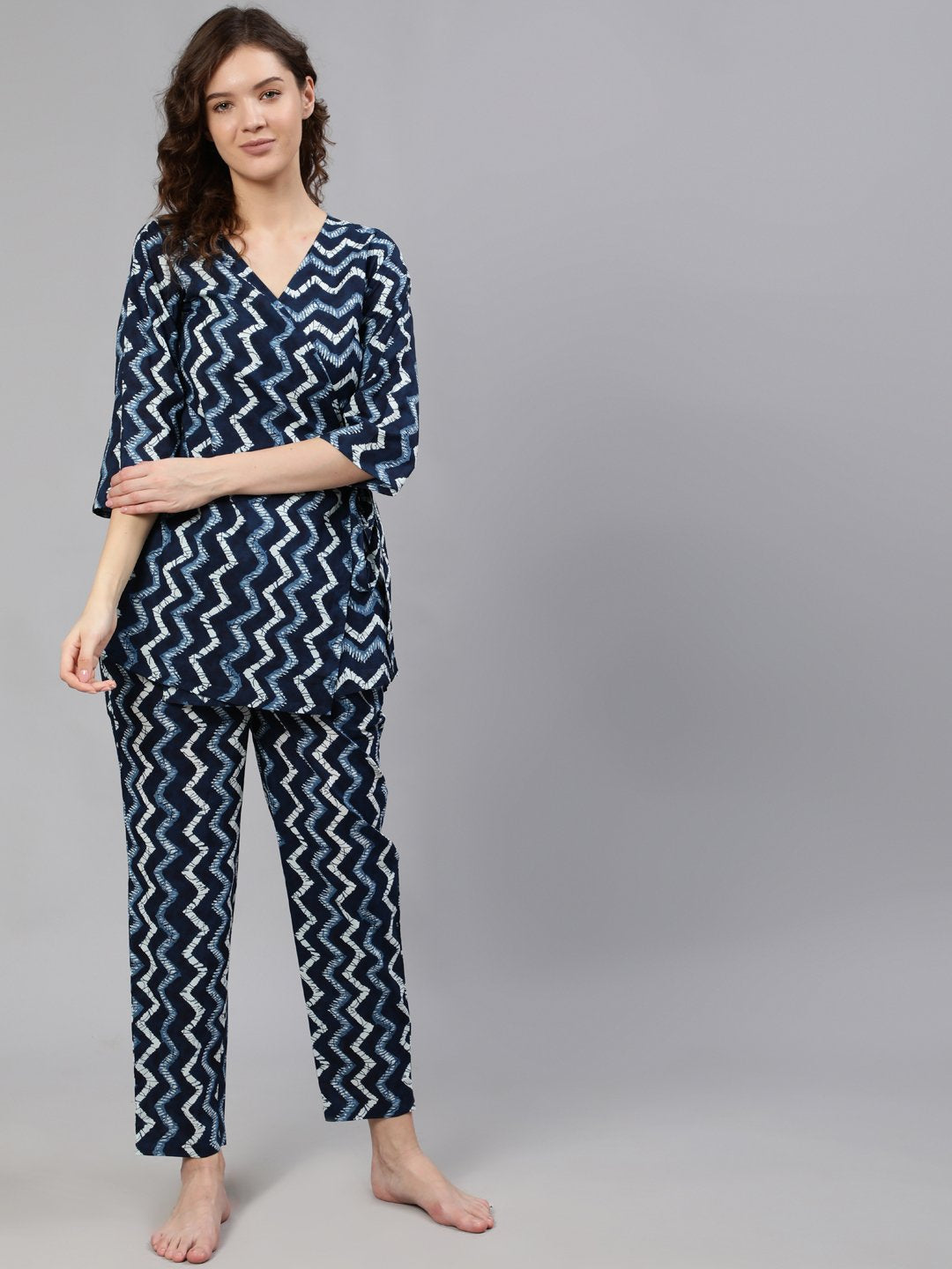 Women Navy Blue Zig-Zac Wrap Round Night Suit | NOZ2TOZ - Made In INDIA.