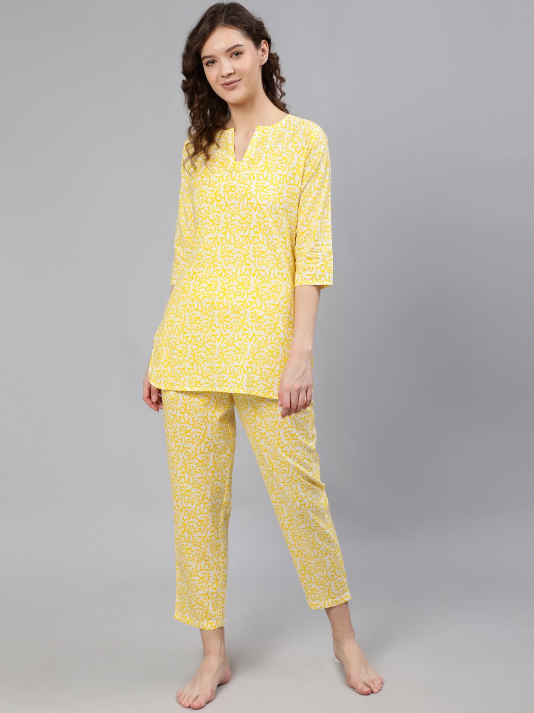 Women Yellow Printed Night Suit | NOZ2TOZ - Made In INDIA.