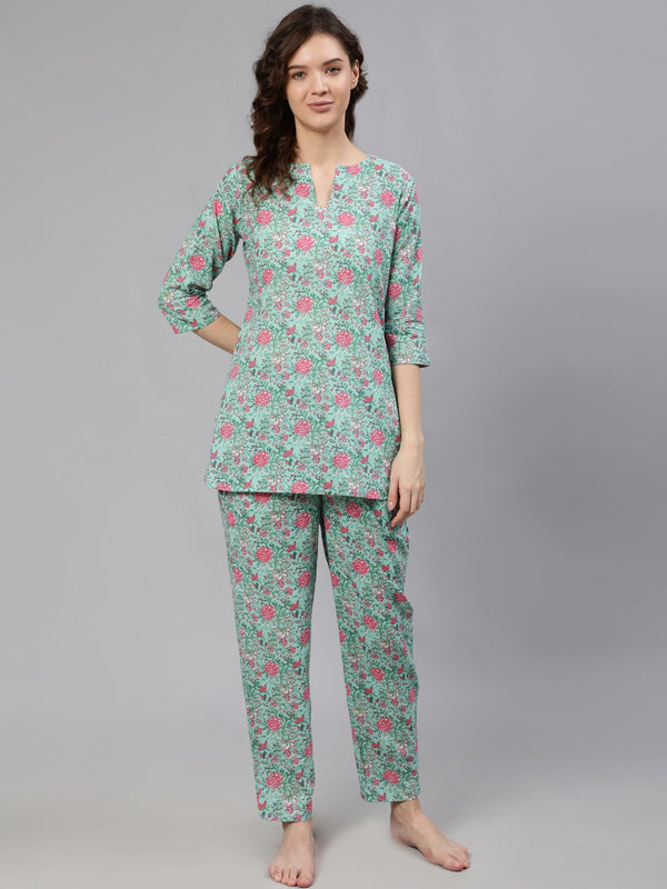 Women Green Floral Printed Night Suit | NOZ2TOZ - Made In INDIA.