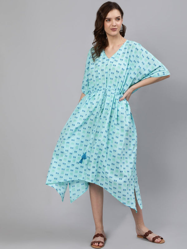 Women Blue Printed Kaftan Dress | NOZ2TOZ - Made In INDIA.