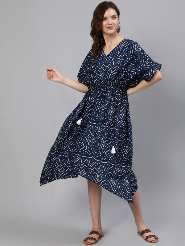 Women Navy Blue Printed Kaftan Dress | NOZ2TOZ - Made In INDIA.