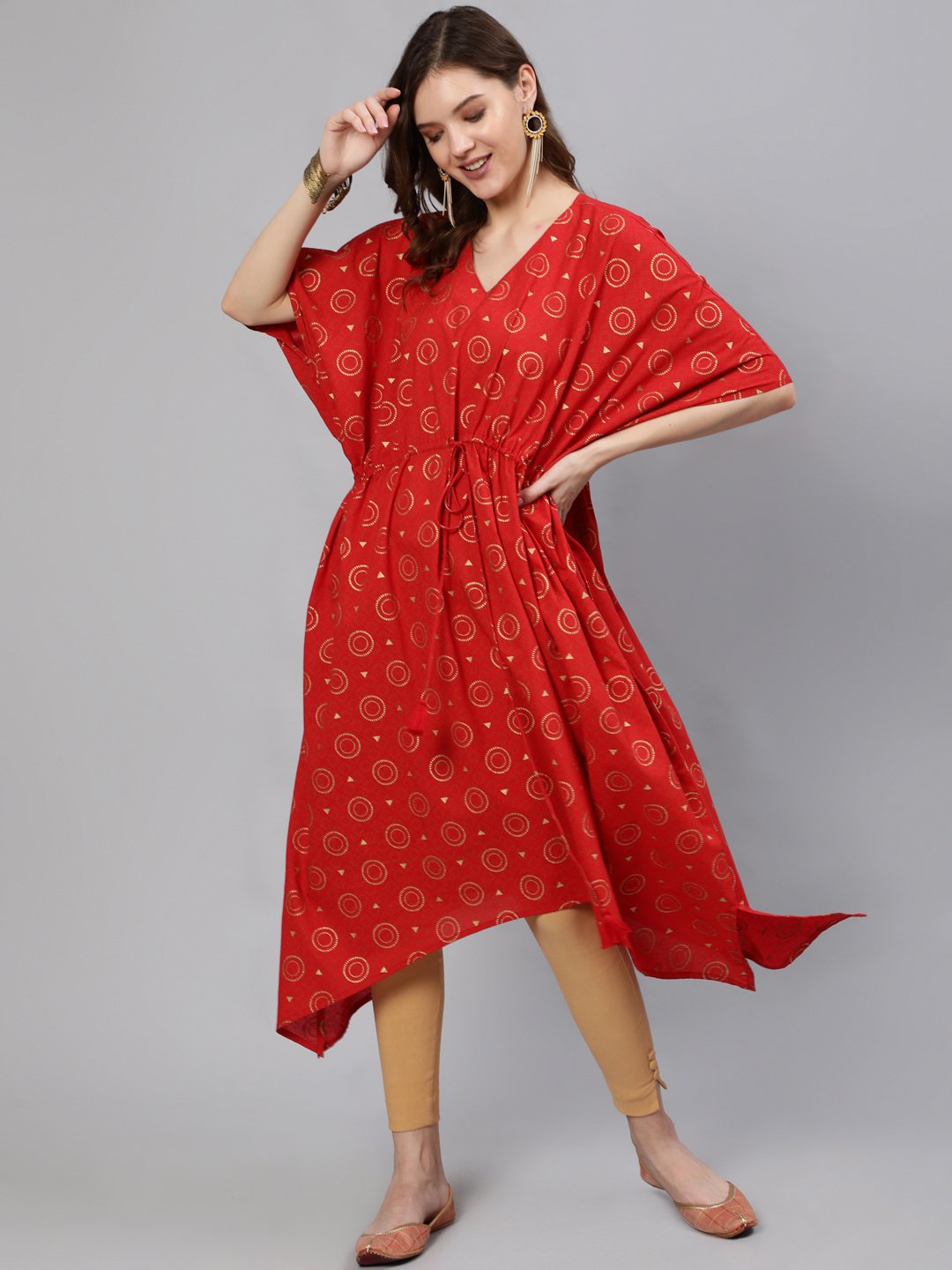 Women Red & Gold Printed Kaftan | NOZ2TOZ - Made In INDIA.