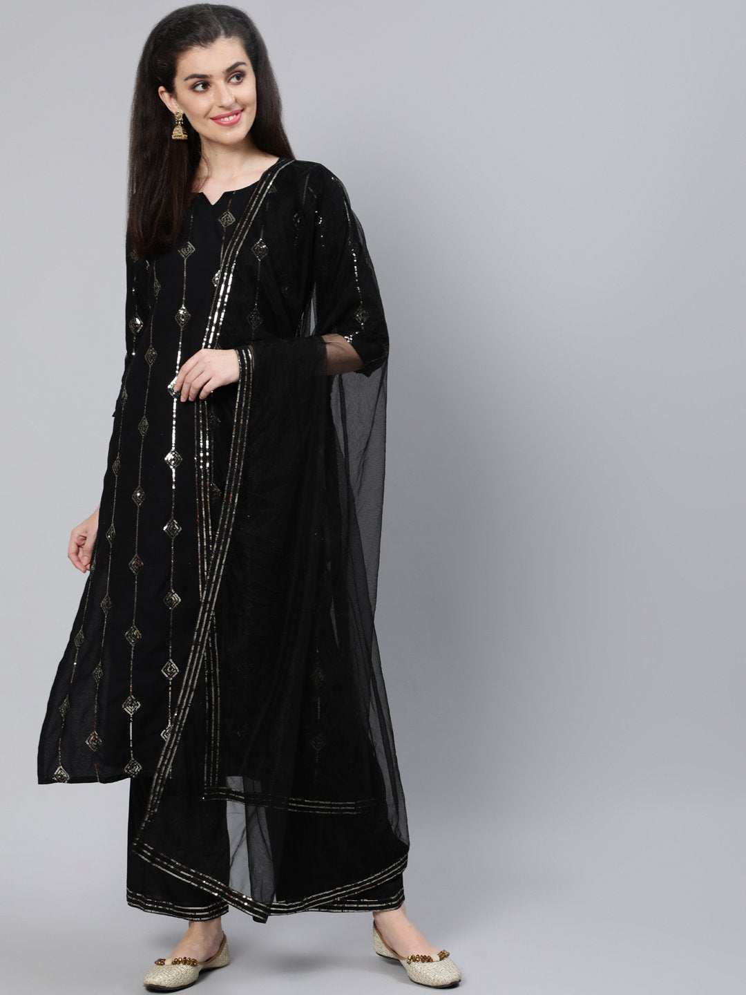 Women Black Sequened Straight Kurta With Plazo & Dupatta | NOZ2TOZ - Made In INDIA.