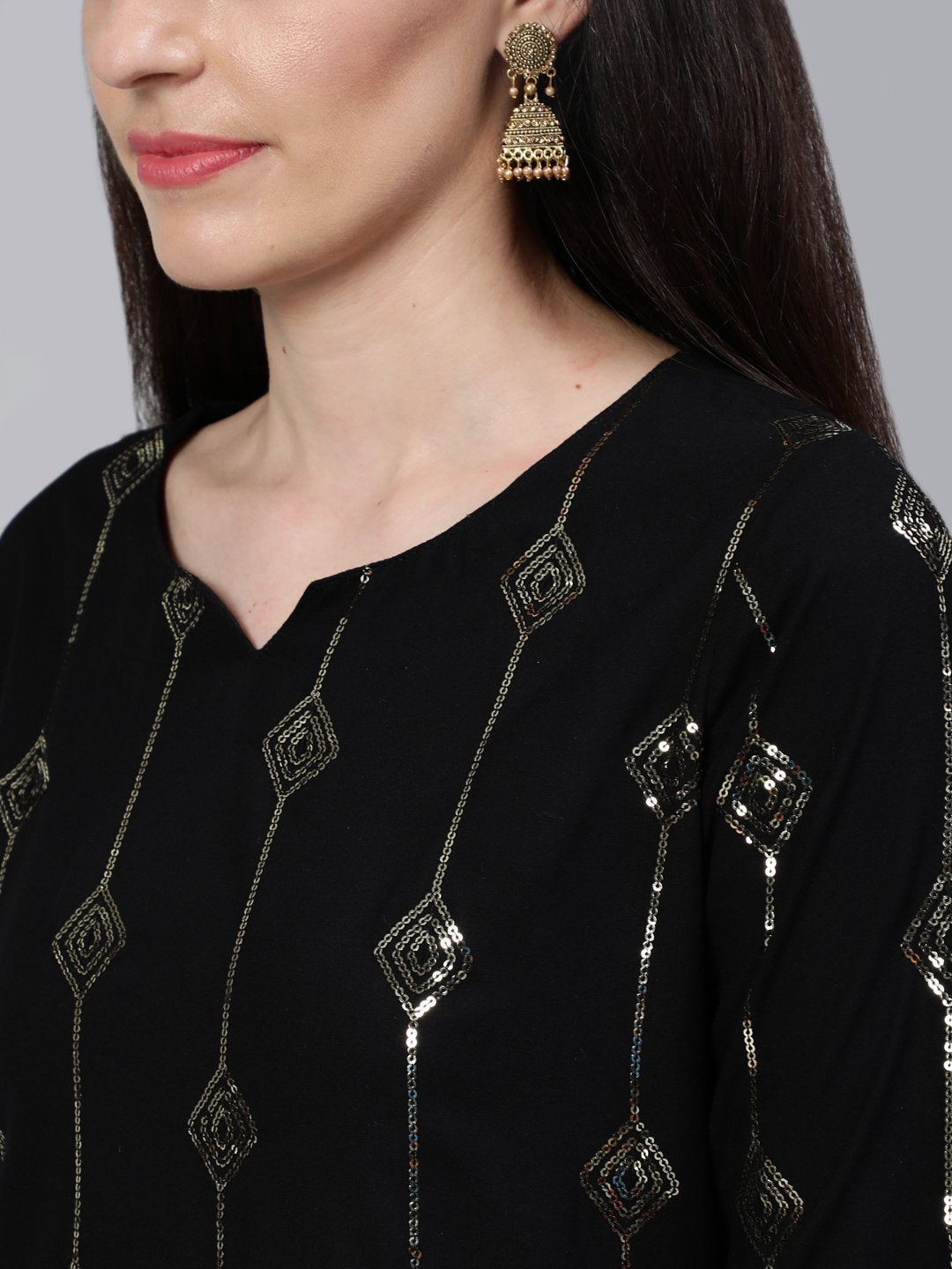 Women Black Sequened Straight Kurta With Plazo & Dupatta | NOZ2TOZ - Made In INDIA.