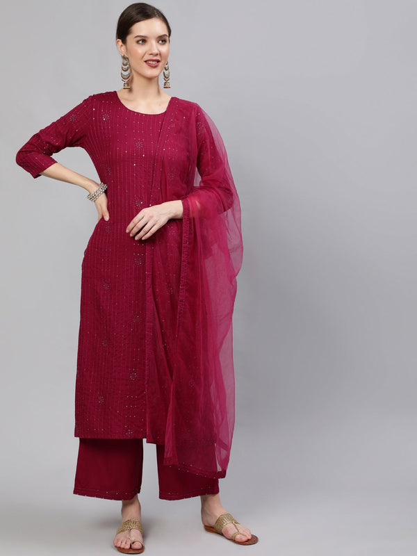 Women Wine Sequinned Embroidered Straight Kurta With Plazo & Dupatta | NOZ2TOZ - Made In INDIA.