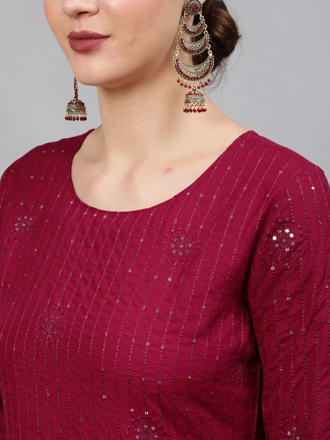 Women Wine Sequinned Embroidered Straight Kurta With Plazo & Dupatta | NOZ2TOZ - Made In INDIA.