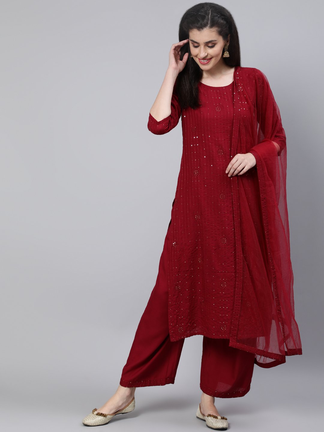 Women Maroon Sequened Straight Kurta With Plazo & Dupatta | NOZ2TOZ - Made In INDIA.