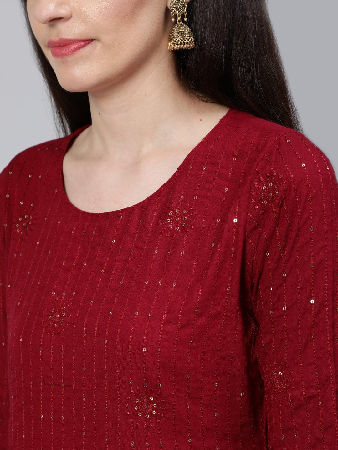 Women Maroon Sequened Straight Kurta With Plazo & Dupatta | NOZ2TOZ - Made In INDIA.