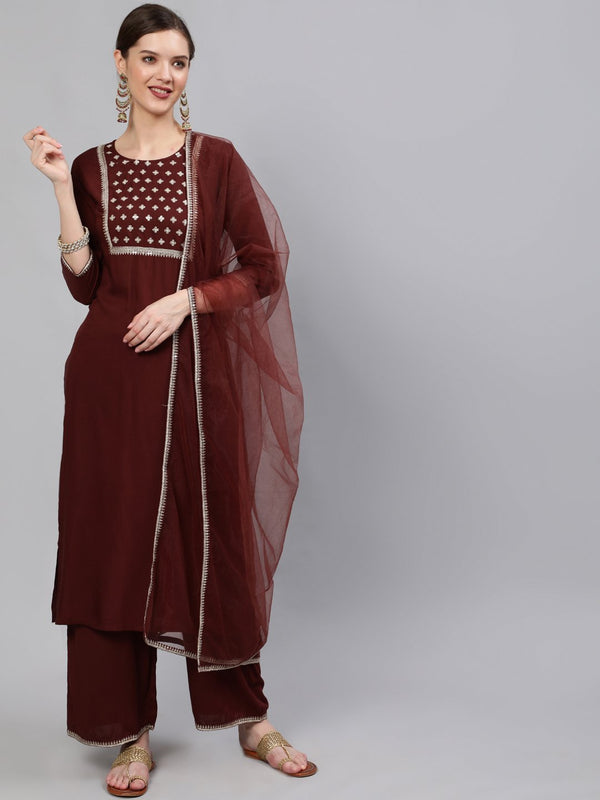 Women Brown  Sequinned Embroidered Straight Kurta With Plazo & Dupatta | NOZ2TOZ - Made In INDIA.