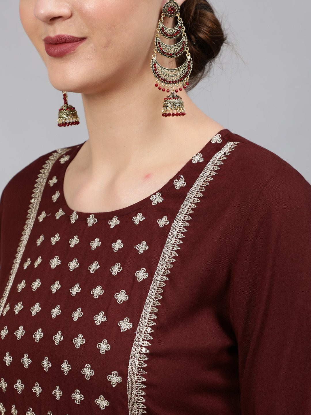 Women Brown  Sequinned Embroidered Straight Kurta With Plazo & Dupatta | NOZ2TOZ - Made In INDIA.