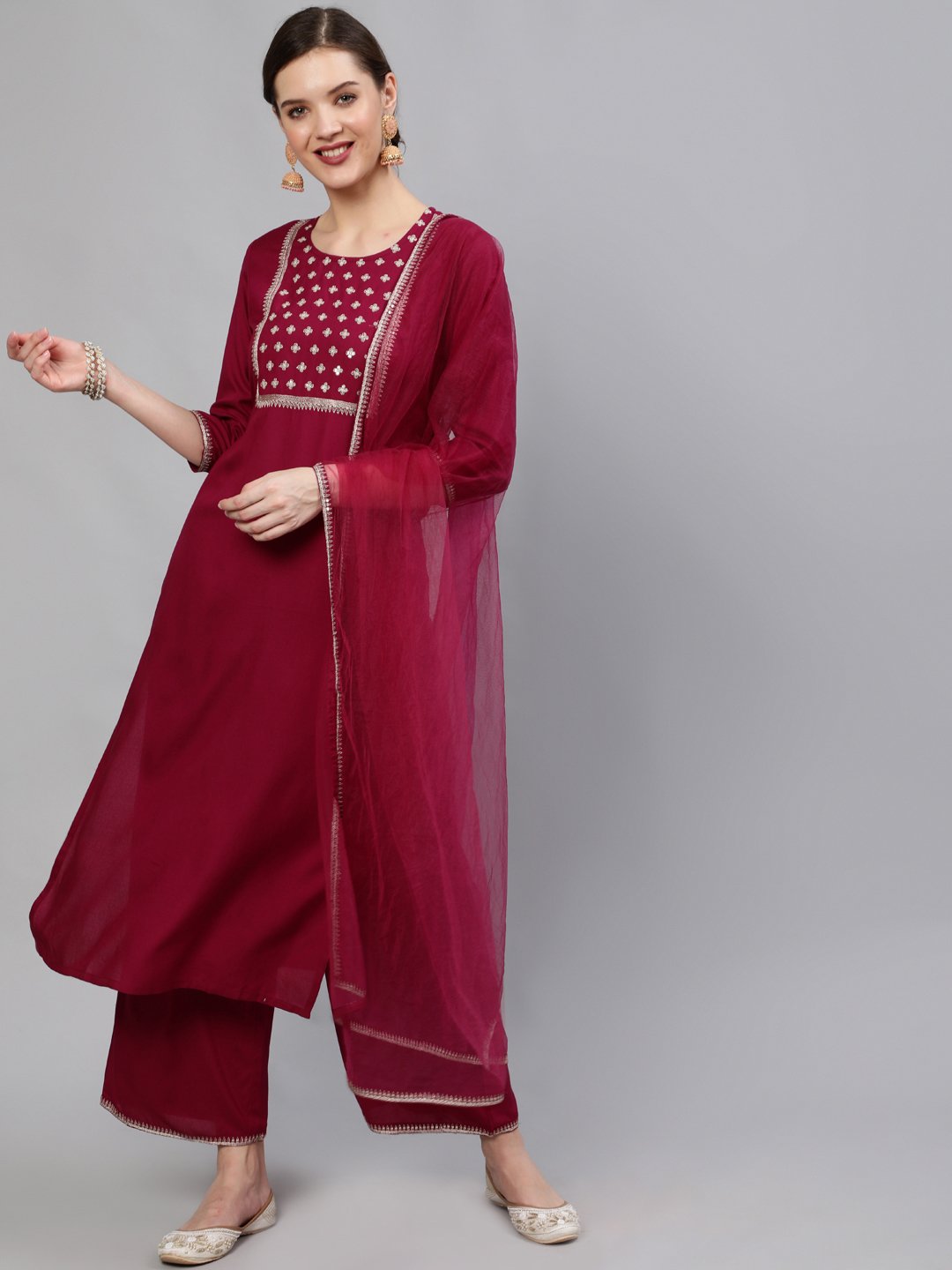 Women Wine Sequinned Embroidered Straight Kurta With Plazo & Dupatta | NOZ2TOZ - Made In INDIA.