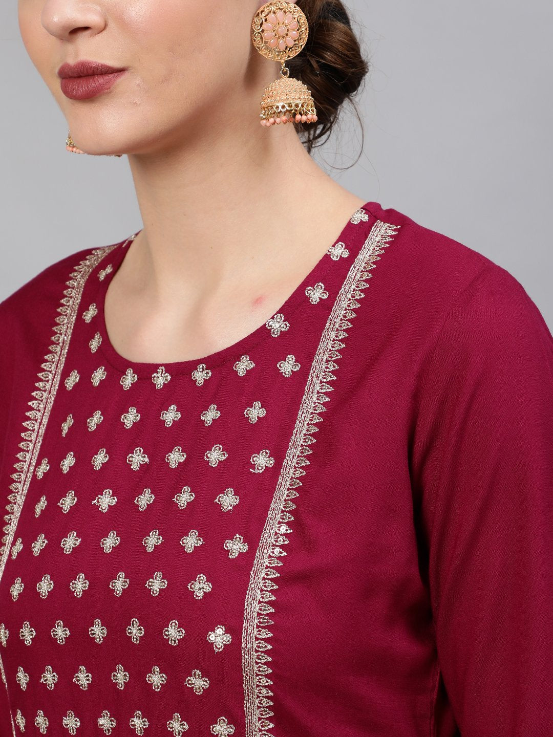 Women Wine Sequinned Embroidered Straight Kurta With Plazo & Dupatta | NOZ2TOZ - Made In INDIA.