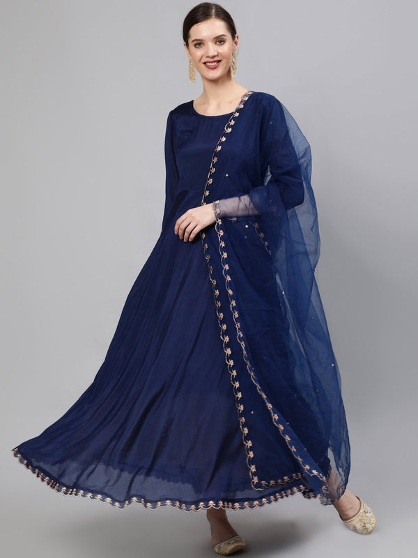 Women Navy Blue Embroidered Maxi Dress WIth Scalloped Dupatta | NOZ2TOZ - Made In INDIA.